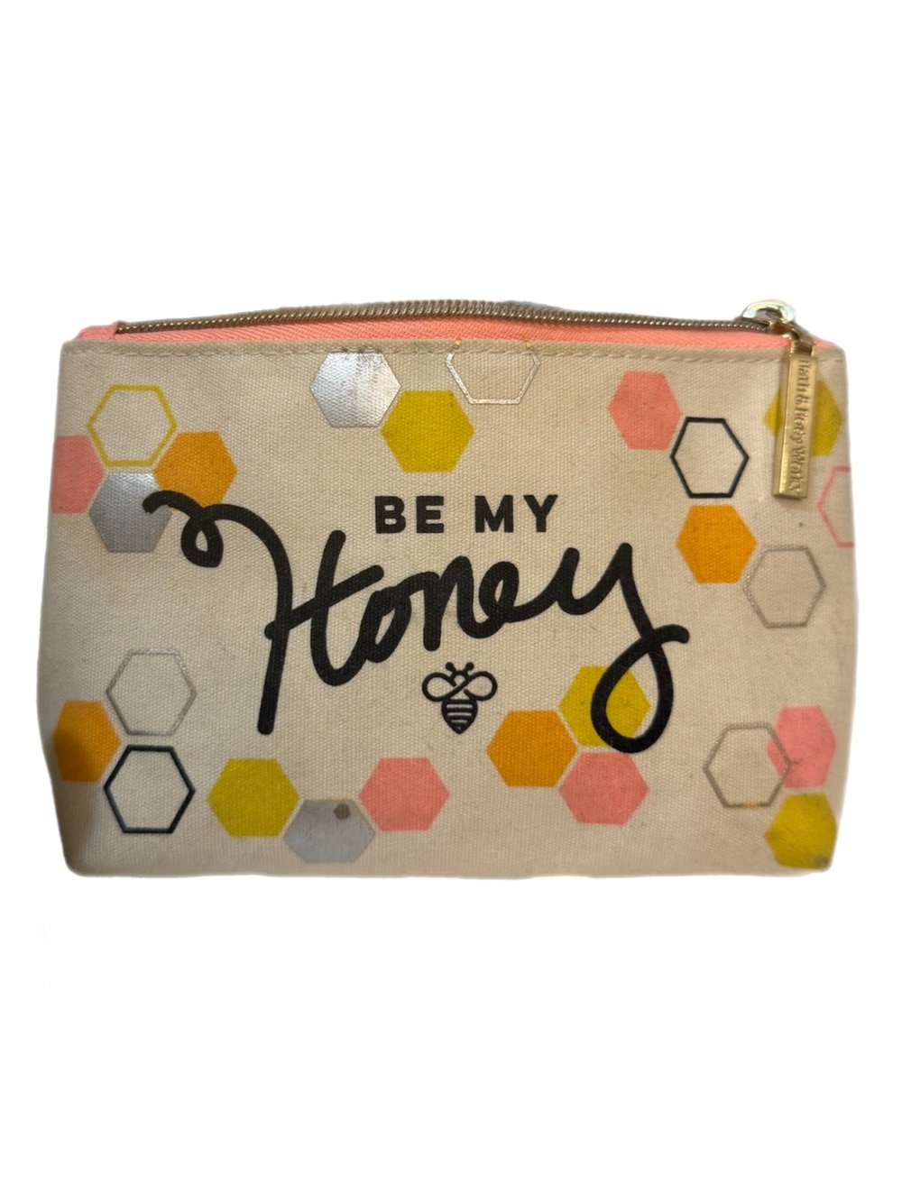 Bath & Body Works Be My Honey Yellow Pink Bee Hexagon Cosmetic Pouch
